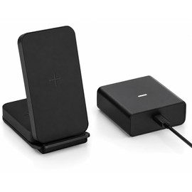 2-in-1 Wireless Charging Stand – 15W Qi Phone Charger & 5W Earbuds Pad with 20W USB-C Output, Black