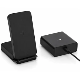 2-in-1 Wireless Charging Stand – 15W Qi Phone Charger & 5W Earbuds Pad with 20W USB-C Output, Black