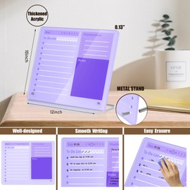 Desktop Thick Acrylic Dry Erase Board to Do Planning Board, 12" x 10", Desktop White Board with Stand, Frameless Purple Dry Erase White Board for Office/Home/School