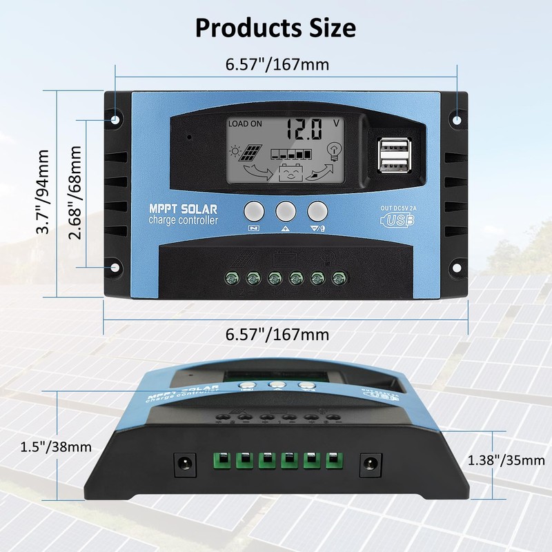100A MPPT Solar Panel Charging Controller, 12V/24V Auto Solar Battery