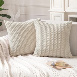 ANRODUO Pack of 2 Cream White Pillow Covers Decorative Throw Pillow Covers 20x20 Inch for Couch Bed Living Room Soft Corduroy Striped Square Cushion Covers Rustic Farmhouse Pillow Fall Home Decor