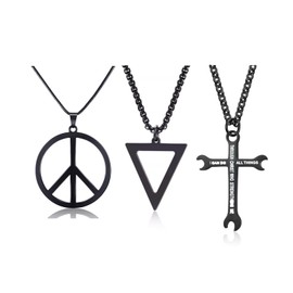 PJWONG Hippie Black Stainless Steel Wrench Cross Necklace for Men Cool Peace Triangle Chain Pendant Necklaces I CAN DO ALL THINGS Inspirational Jewelry Gift for Dad Son (Black)