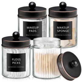 SheeChung Qtip Dispenser Holder 4pcs, Glass Apothecary Jars with Stainless Steel Lids &Stickers, Countertop Canister Bathroom Storage Organizer Set for Cotton Swabs, Floss Picks（Oil Rubbed Bronze）