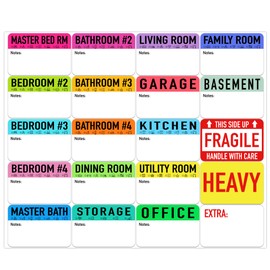 300 Pcs Moving Packing Box Labels 2” x 3” with Writable Notes Areas, 20 Designs Pre-Printed Color-Coded Home Moving Sticker Including Fragile & Customizable Blanks (Large, Count, 15) (Black)