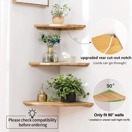 Corner Shelf, White Floating Corner Shelf, Set of 2 16inch Solid Oak Wood Corner Wall Shelves, Round End Wall Mount Display Shelf with Wire Hole for Small Plant for Bedroom Kitchen, Living Room