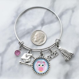 Kindergarten or Preschool Graduation Bangle Bracelet Stainless Steel | Class of 2025 | 50mm Size - Pink Owl Cabochon- Pink Birthstone