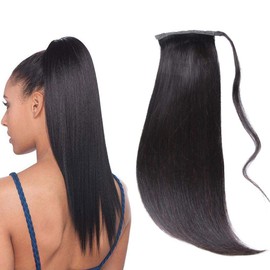 Peruvian Silky Straight Human Hair Ponytail Hairpiece 100g 8inch Wrap Around Ponytail Straight Human Hair Extensions Top Closure Clip Ins Hair Bun Ponytail Extensions