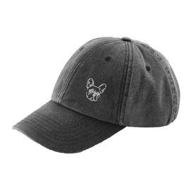 THE HOUSE OF DOG: French Bulldog Owner Gift. Distressed Vintage Washed 100% Heavyweight Brushed Cotton Embroidered 6 Panel Low Profile Baseball Cap. Black