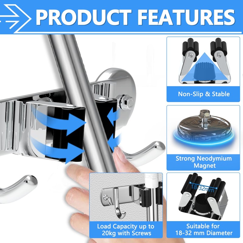 3-H Magnetic Broom Holder Wall Mount 2 Pack, 2-in-1 Dual