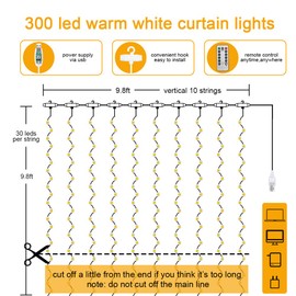Vicloon Fairy Curtain Lights,300 LED White Curtain Lights,8 Modes 9.8×9.8Ft Waterproof Window Curtain String Light USB Powered with Remote Control,Christmas String Lights Curtain for Indoor/Outdoor
