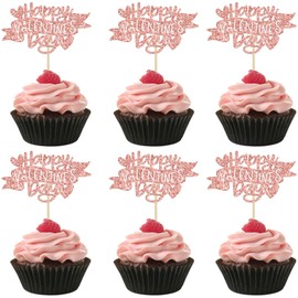 Ephlyn - 24 piezas de decoración para magdalenas para el día de San Valentín, con purpurina, corazón, para el día de San Valentín, bodas, fiestas, suministros de decoración de oro rosa