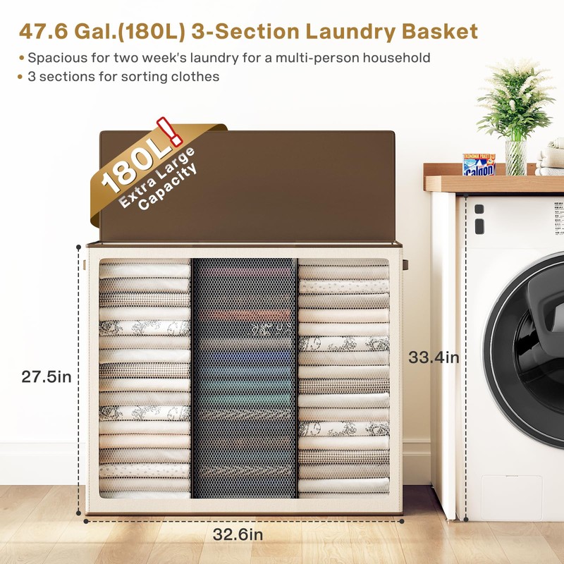 SOLEDI 180L Laundry Hamper 3 Section, Extra Large Laundry Hamper