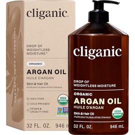 Cliganic- Aceite de argán orgánico para cabello, rostro y piel (a granel, 32 oz con bomba) - 100% puro, prensado en frío