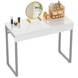 GreenForest Vanity Desk with 2 Drawers,47 inch White Desk with Glossy Desktop Easy Clean,Makeup Dressing Table with Metal Silver Legs for Home Office Small Spaces,Bedroom