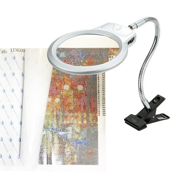 5D Diamond Painting Tools Magnifier LED Light with Clamp, Folding Design with 1 Glass Lens 4X & 6X Magnifier