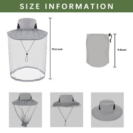 Grantop Midge Head Net Hat, Grey Nylon Mosquito Head Net with Hat, Portable Face Net Mesh with Hat for Outdoor Hiking Camping Climbing Fishing and Walking(Light Grey) (FWM-X01)