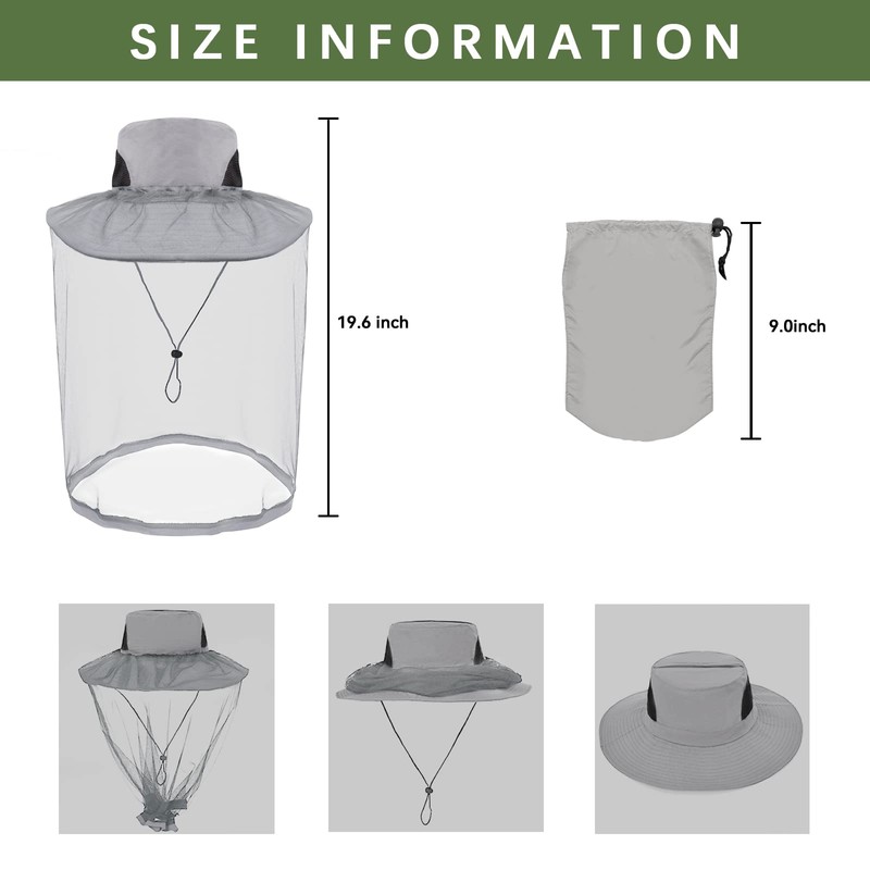 Grantop Midge Head Net Hat, Grey Nylon Mosquito Head Net