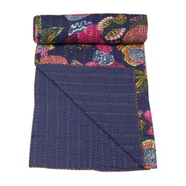 Marubhumi Quilts Indian Handmade Indian Traditional Blankets, Reversible,Pure Cotton Fruit PrintKantha Quilt, Comforter, Navy - Twin 69 x 90 Inches