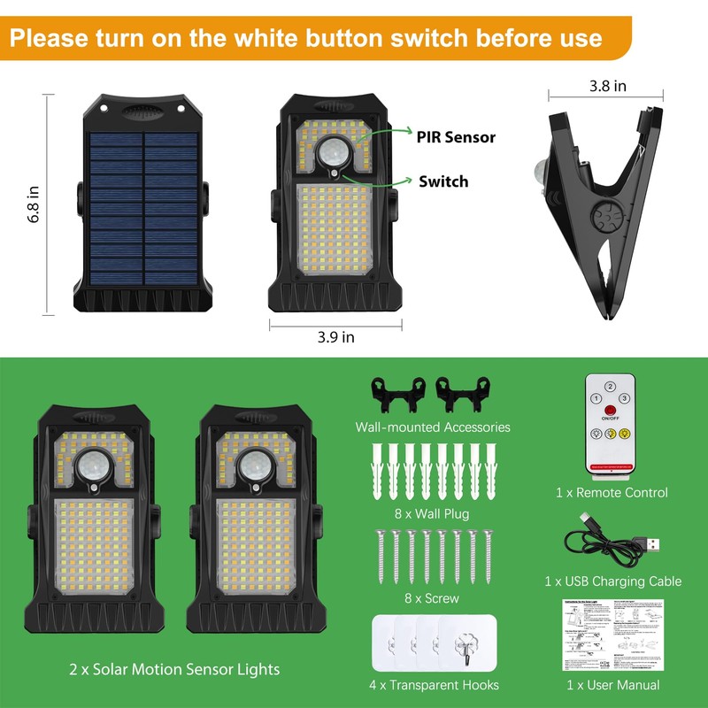 Tryme 118Leds Solar Lights Outdoor Clip Motion Sensor Lights Security