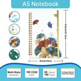 Mlife 1 Pack Spiral Notebook Journal for Women，8.5" x 6" Robust Hardcover College Ruled Notebook with Pockets, 160 Lined Pages, 100 GSM Thick Paper for School Office Work Gifts （Ginkgo）