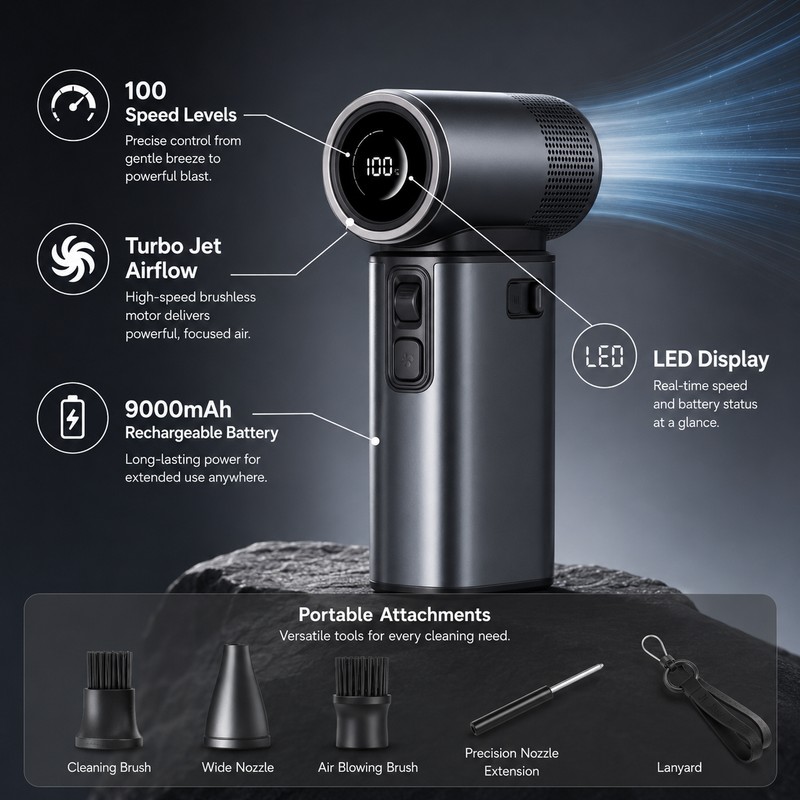 Powerful Handheld Turbo Fan for Outdoor Cooling – Rechargeable 100-Speed