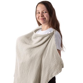Nursing Cover Muslin Cotton Soft Breathable Breastfeeding Cover for Breastfeeding Multi Use Car Seat Stroller Cover (Khaki)