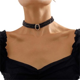 Xerling Boho Layered Black Faux Pearl Rhinestone Crystal Pendant Choker 3 Tier Multi-Row 1920s Pearl Jewelry Necklaces for Women Girls (Black)