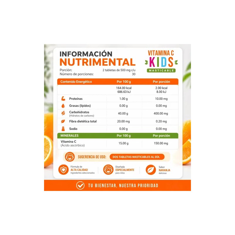 Vitamina C Masticable para Niños de Widl Health Sabor Naranja