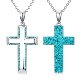 Shusukue Cross Necklace 925 Sterling Silver Broken Turquoise Cross Pendant Necklace Religious Jewelry Gifts for Women Men