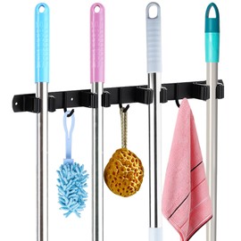 Huryfox Mop and Broom Holder Wall Mounted - Sturdy Stainless Steel Rack with Utility Hooks, 4 Racks, 3 Hooks Adjustable Design and Multiple Storage Organiser Options, Perfect for Kitchen, Laundry
