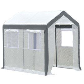 Outsunny 8' x 6' x 7' Walk-in Greenhouse, Outdoor Garden Warm Hot House with 4 Roll-up Windows, 2 Zippered Doors and Weather Cover, White