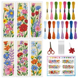 INFUNLY 6 Set Wildflowers DIY Cross Stitch Bookmark Kits for Beginners Colourful Flowers Counted Cross Stitch Kit with Instruction Floral Stamped Embroidery Bookmark Kit for Book Lovers Readers Gift
