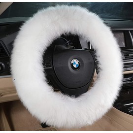 Andalus Luxurious Australian Sheepskin Long Wool Fuzzy Steering Wheel Cover, Anti-Slip 15 Inch Fluffy Steering Wheel Cover Offers a Plush Feel, Eco-Friendly Sheepskin Steering Wheel Cover (White)