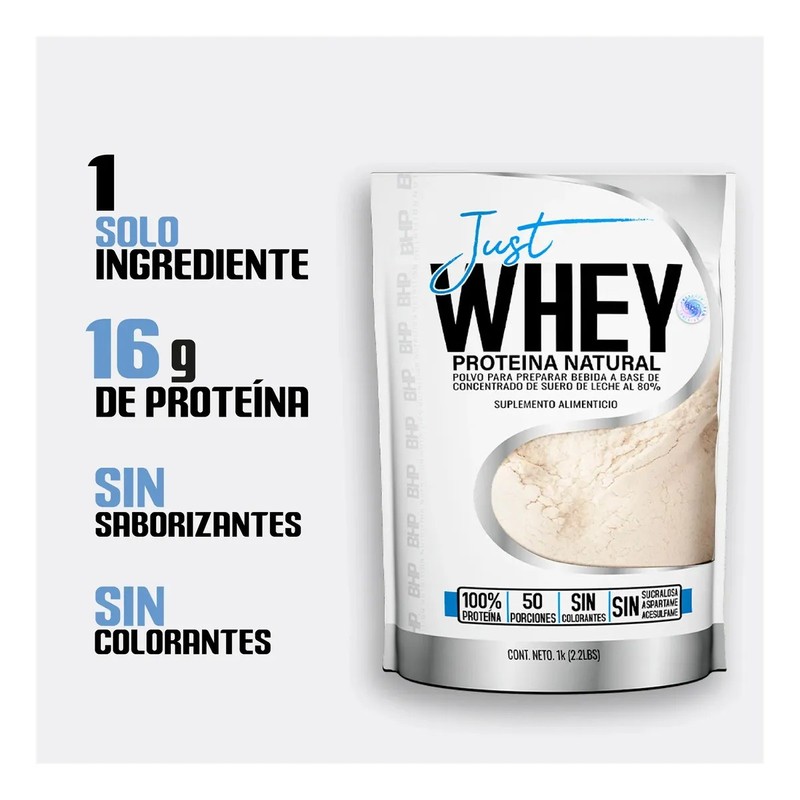 Proteína Whey BHP Nutrition Natural, 1 kg de Polvo Sin