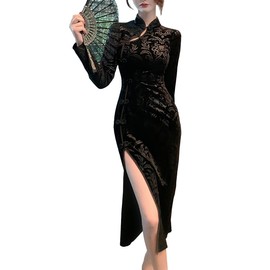 Women's Sexy High Slit Cheongsam Midi Dress Elegant Velvet Mandarin Collar Chinese Qipao Party Dress (Medium, 1163# Black)