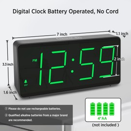 Peakeep Battery Operated Digital Clock, Alarm Clock for Bedrooms - Cordless Large Big Numbers 4 Dimmers for Seniors, Adjustable Volume Loud Alarm Clock for Heavy Sleepers Adults (Green Digits)