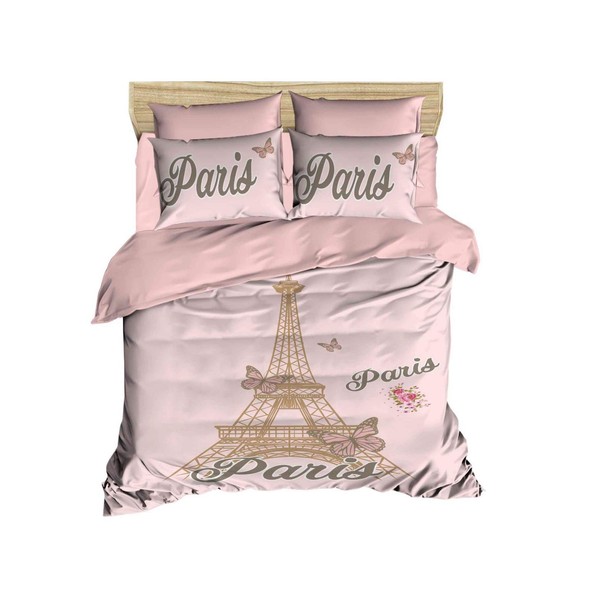 100% Turkish Cotton Paris Eiffel Tower Themed, Paris Bedding Set, Quilt/Duvet Cover Set, Salmon Pink, Full/Queen Size, Comforter Included (5 Pcs)