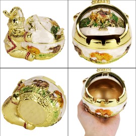 Elephant Ashtray with Lid for Outside Patio, Windproof Vintage Ash Tray for Indoor Outdoor Use, Decorative Elephant Hugging Globe Ashtray, Gift for Smokers, Gold White Finish