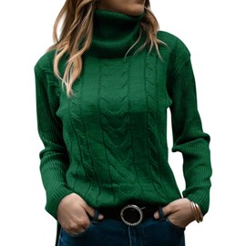 JOCAFIYE Womens Sweaters High Neck Solid Casual Long Sleeve Winter Fitted Cable Knit Sweater 2025 Green XXL
