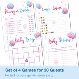 Papery Pop Gender Reveal Games - Set of 4 Games for 30 Guests - Double Sided Cards - Baby Shower Games Boy or Girl - Gender Neutral