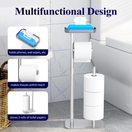 Kitsure Toilet Paper Holder Free Standing – Rustproof Metal Toilet Paper Stand for 4 Rolls with Anti-Slip Base and Shelf for Phone & Small Items, Bathroom Organizers and Storage, Medium, Silver