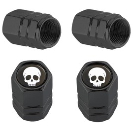 CREATCABIN Set of 4 Tyre Valve Caps with Skull Motif, Airtight, Dustproof, Tyre Air Cap, Wheel Valve Cap, Metal, Black, Hexagonal Alloy Wheel Accessories, Corrosion Resistant, 1.1 x 1.2 cm
