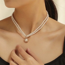 Yheakne Vintage Layered Pearl Choker Necklace Double Strand Pearl Necklace Pearl Pendant Necklace Wedding Pearl Strand Necklace Chain Jewellery for Women and Girls, Metal, Pearl