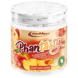 IronMaxx Phantasty - Creamy Peach 250g Dose | Veganes Geschmackspulver mit Echten Frucht- oder Nussstückchen | Perfekter Zuckerersatz