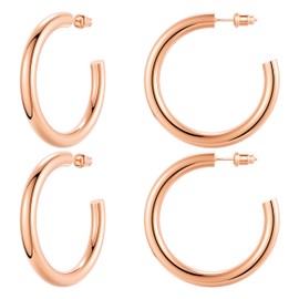 Claro Clivo 2 Pairs Rose Gold Colored Lightweight Chunky Open Hoop Earrings For Women (40MM Hoop, 4.5MM Thickness, Stainless Steel Pin)