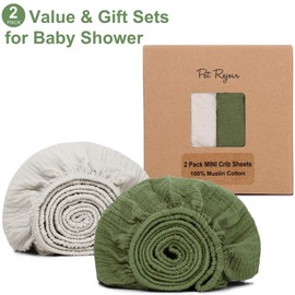 Muslin Mini Crib Sheets for Girls & Boys-2 Pack 24"x 38" Soft Baby Mattress Sheets Fitted-No Slip Neutral Toddler Cotton Bedding-Boho Nursery Décor Olive Green & Beige Colors