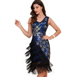 DQHKOW 1920s Women Vintage Peacock Sequined Tassel Flapper Party Dress (Small, Blue)