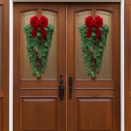 Daifunli 2 Pack Large Christmas Teardrop Swags 36 Inch Artificial Pine Teardrop Swags with Red Berries Pine Cones and Bow for Christmas Front Door Stairs Fireplace Holiday Outdoor Indoor Decor