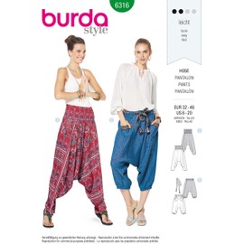 Burda Style Patrón de costura 6316 - Pantalón harén para mujer, A(6-8-10-12-14-16-18-20)