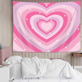 Cute Pink Aesthetic Tapestry for Girl Bedroom, Pink Heart Tapestry Wall Hanging 2000s Hippie Wall Tapestries Decor for Home College Dorm Living Room, Woman Teen Girls Room Art Tapestries 90X70 Inch